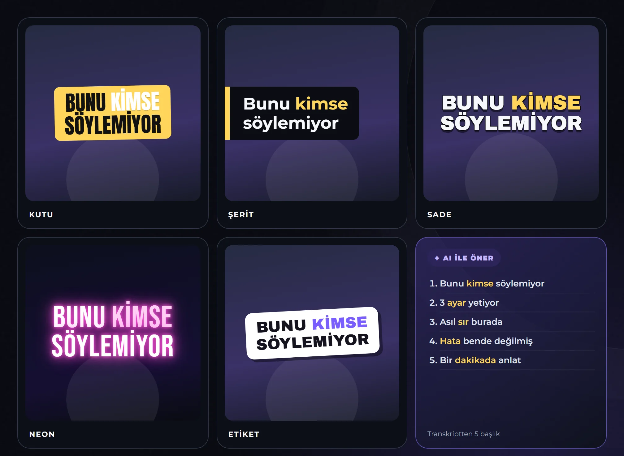 Kutu, Şerit, Sade, Neon ve Etiket stillerinde kanca başlıkları ve AI'nın önerdiği beş başlık