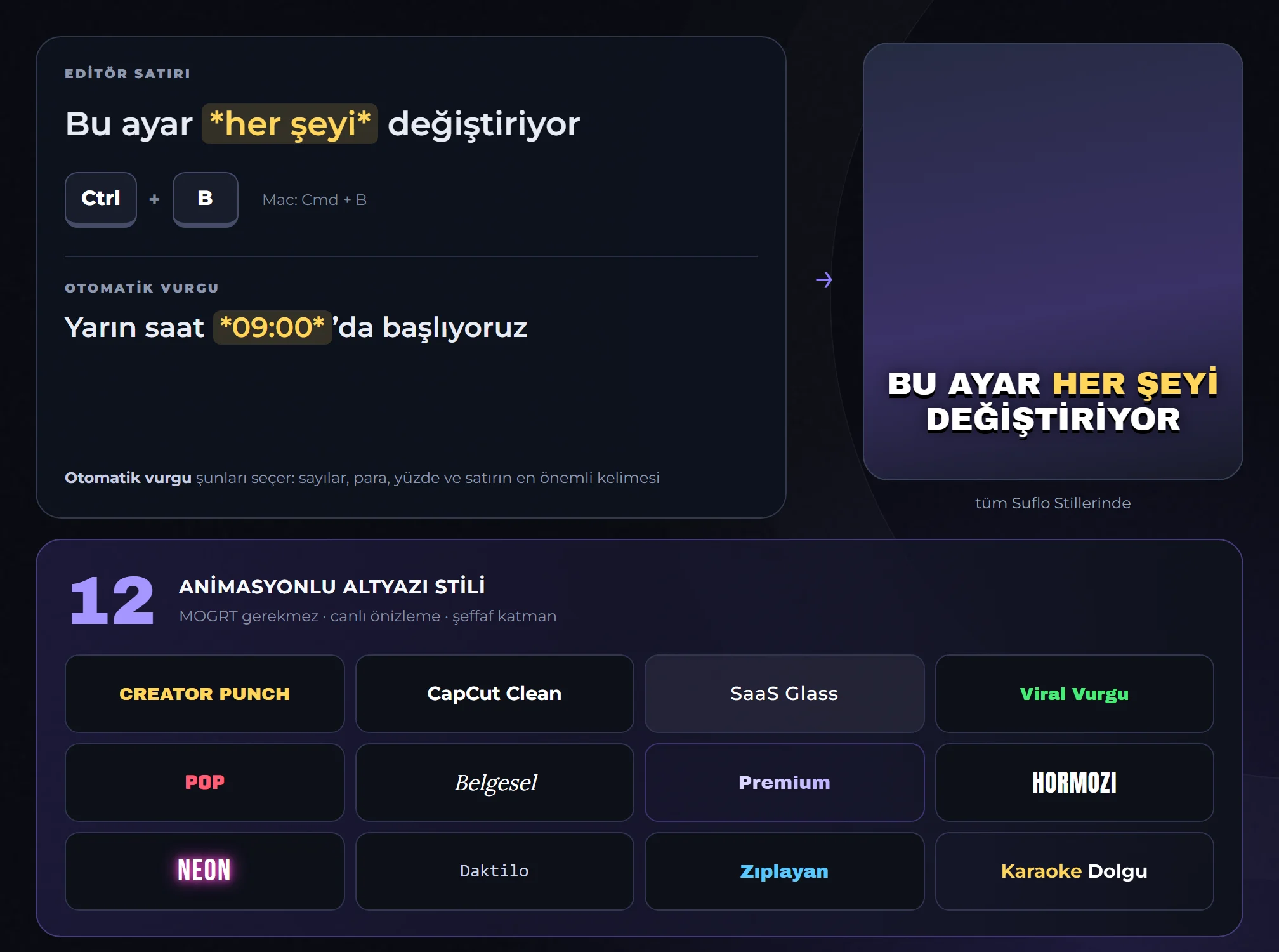 Editörde yıldızla vurgulanan kelimenin altyazıda renkli çıkması ve 12 animasyonlu altyazı stili